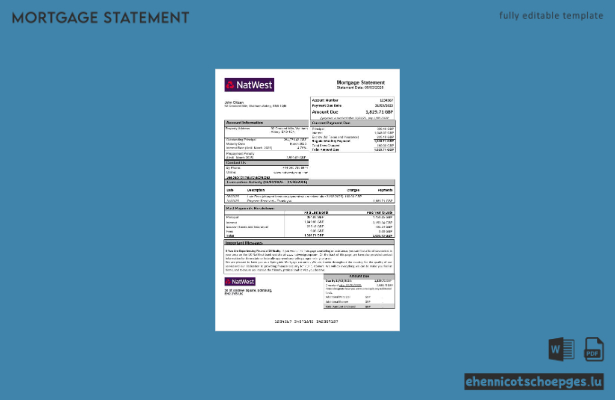 Hypothekenabrechnung der NatWest Bank (Vereinigtes Königreich) in Word- und PDF-Formaten – Beispielvorschau